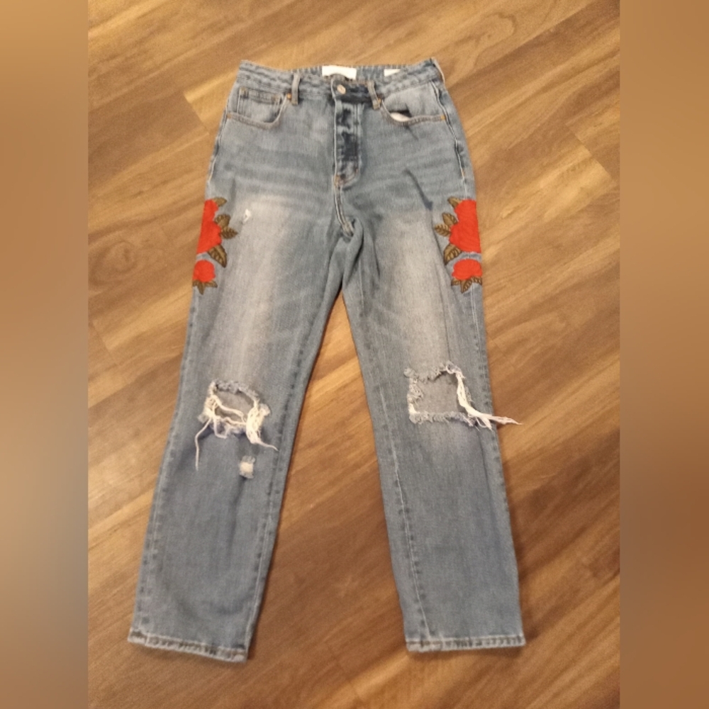 PacSun Mom Jeans Relaxed Fit Rose Embroidery Button Fly Size 25